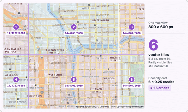 Geoapify OSM Bright vector map of downtown Chicago with the 512-pixel tile grid outlined, showing six tiles loaded for one 800×600 view
