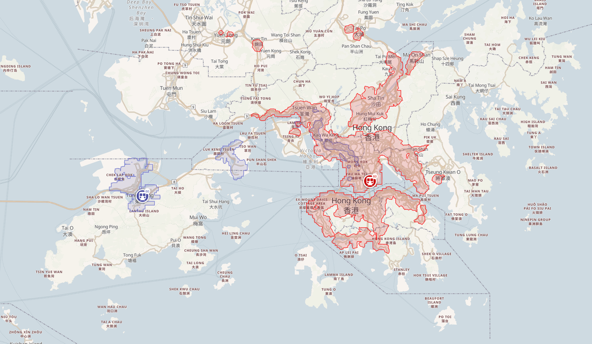 Hong Kong public transit isochrones