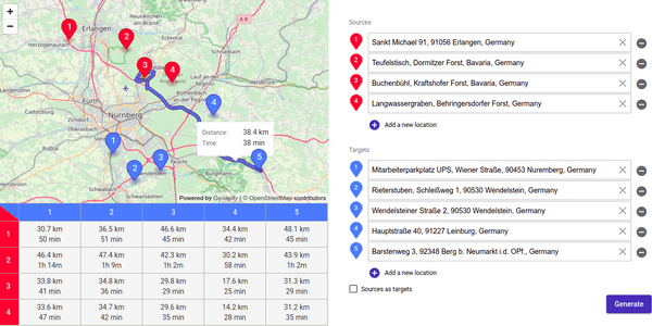 Route Matrix API example - build a  matrix for 4 sources and 5 targets, Nürnberg, Germany