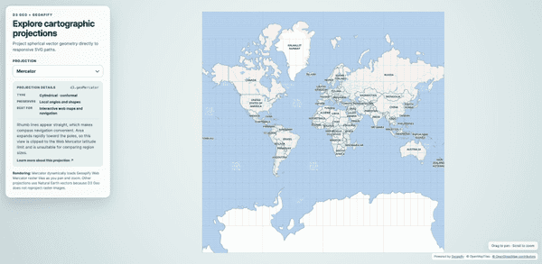 D3 projection explorer in Mercator mode displaying a tiled world basemap with geographic labels