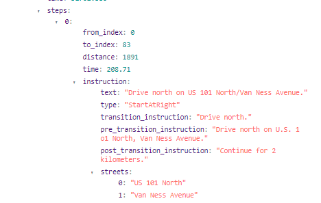 Returned GeoJSON object including route instructions