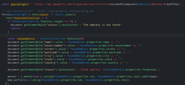 JSFiddle example shows how to use Geoapify Geocoding API