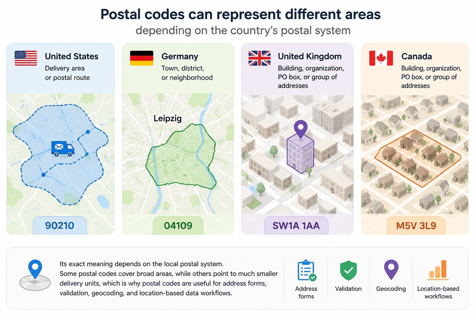 Postal codes can represent different areas depending on the country