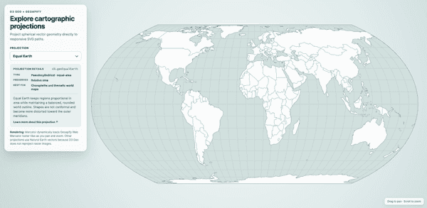 D3 projection explorer in Equal Earth mode showing crisp country outlines and a curved graticule