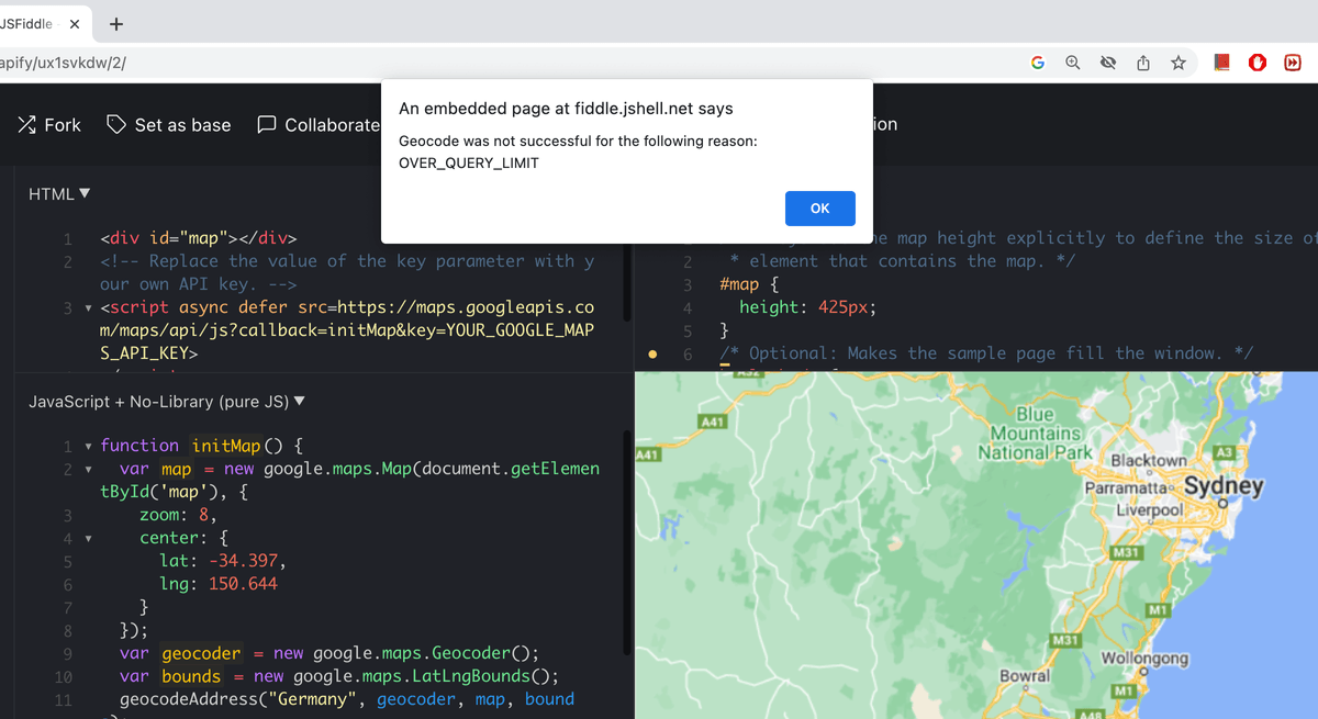 JSFiddle shows OVER_QUERY_LIMIT geocode error