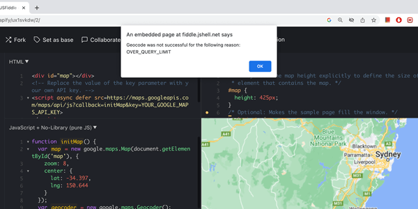 JSFiddle shows OVER_QUERY_LIMIT geocode error