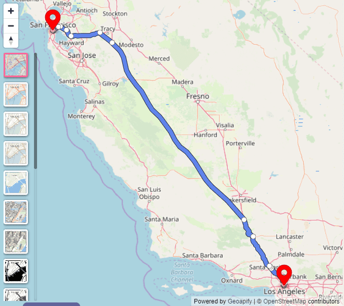Route between Los Angeles and San Francisco (two waypoints)