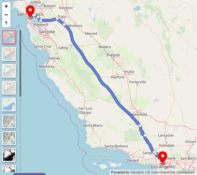 Route between Los Angeles and San Francisco (two waypoints)