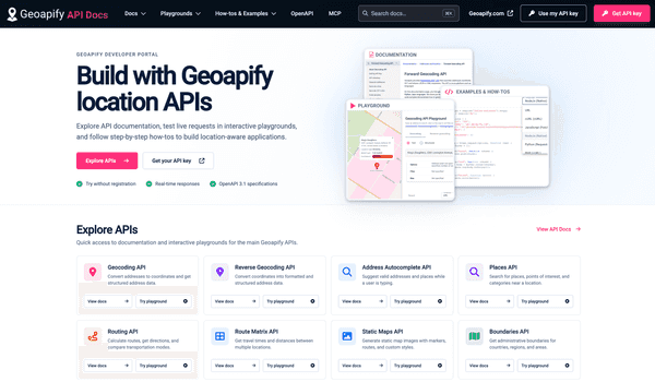 Redesigned Geoapify APIDocs portal with API documentation, playgrounds, and how-to guides.